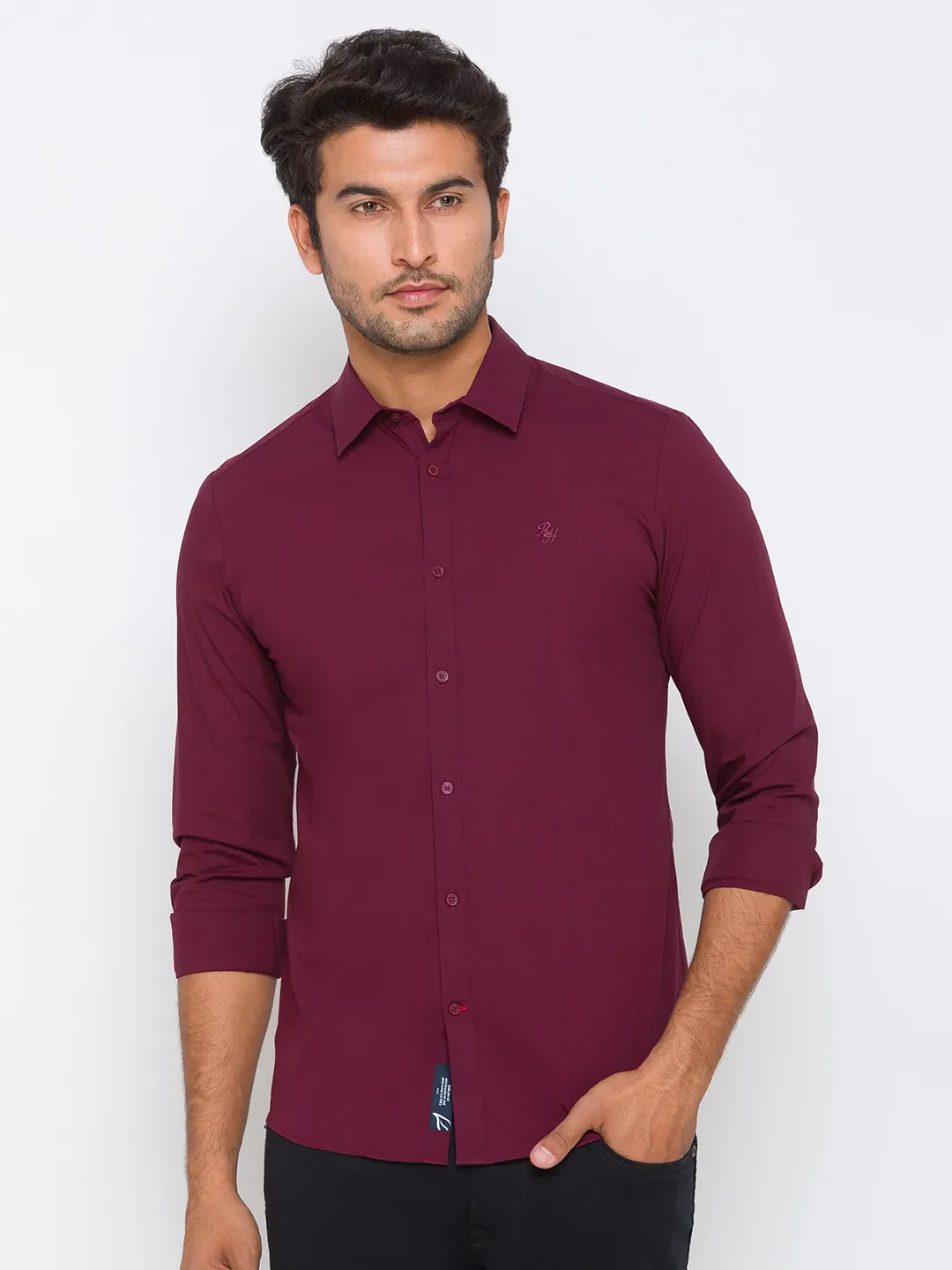 Red Slim Straight Fit Regular Collar Long Sleeves Cotton Men's Shirt by Being Human Clothing