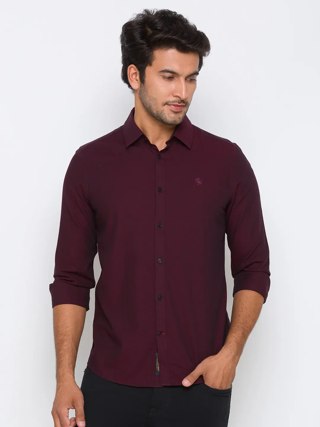 Red Slim Straight Fit Regular Collar Long Sleeves Cotton Men's Shirt by Being Human Clothing