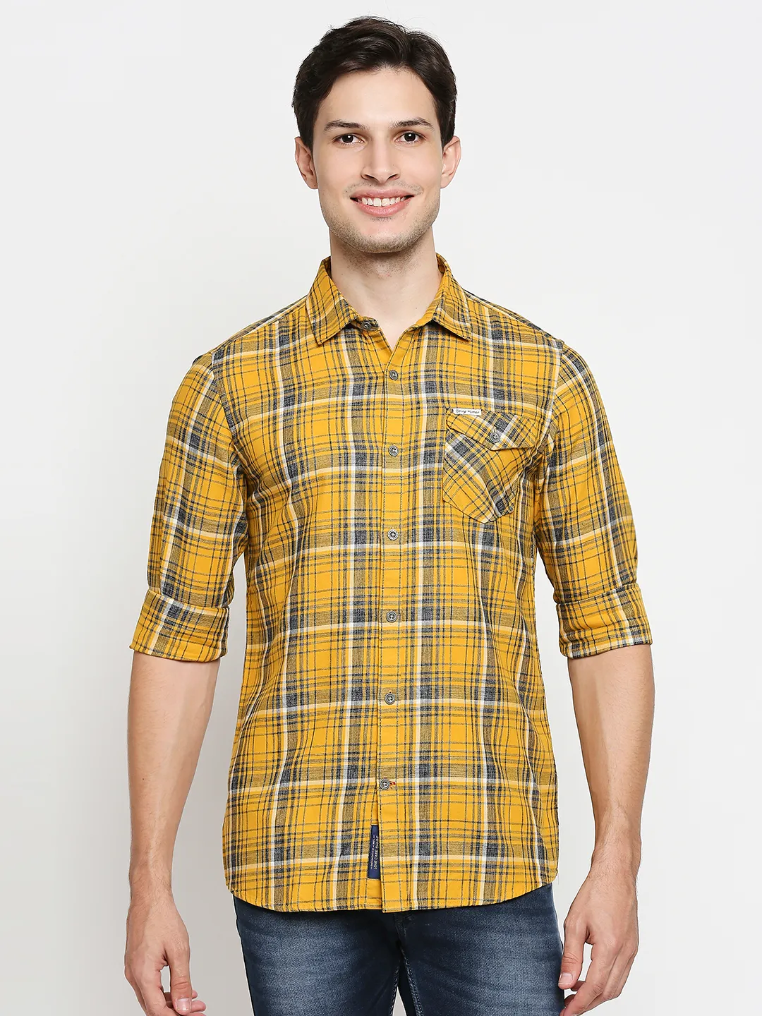 Yellow Slim Straight Fit Regular Collar Long Sleeves Cotton Men's Shirt by Being Human Clothing