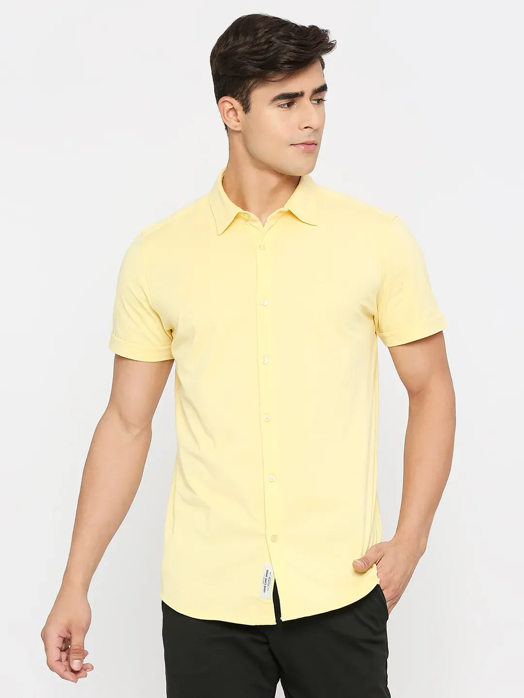 Yellow Slim Straight Fit Regular Collar Short Sleeves Cotton Men's Shirt by Being Human Clothing