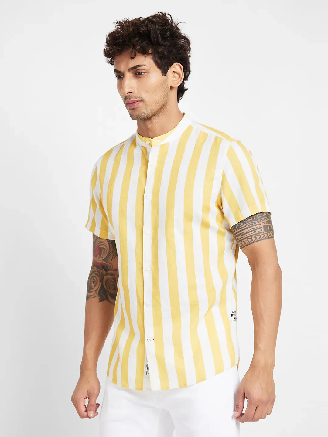 Yellow Slim Straight Fit Regular Collar Short Sleeves Men's Shirt by Being Human Clothing - Image 2