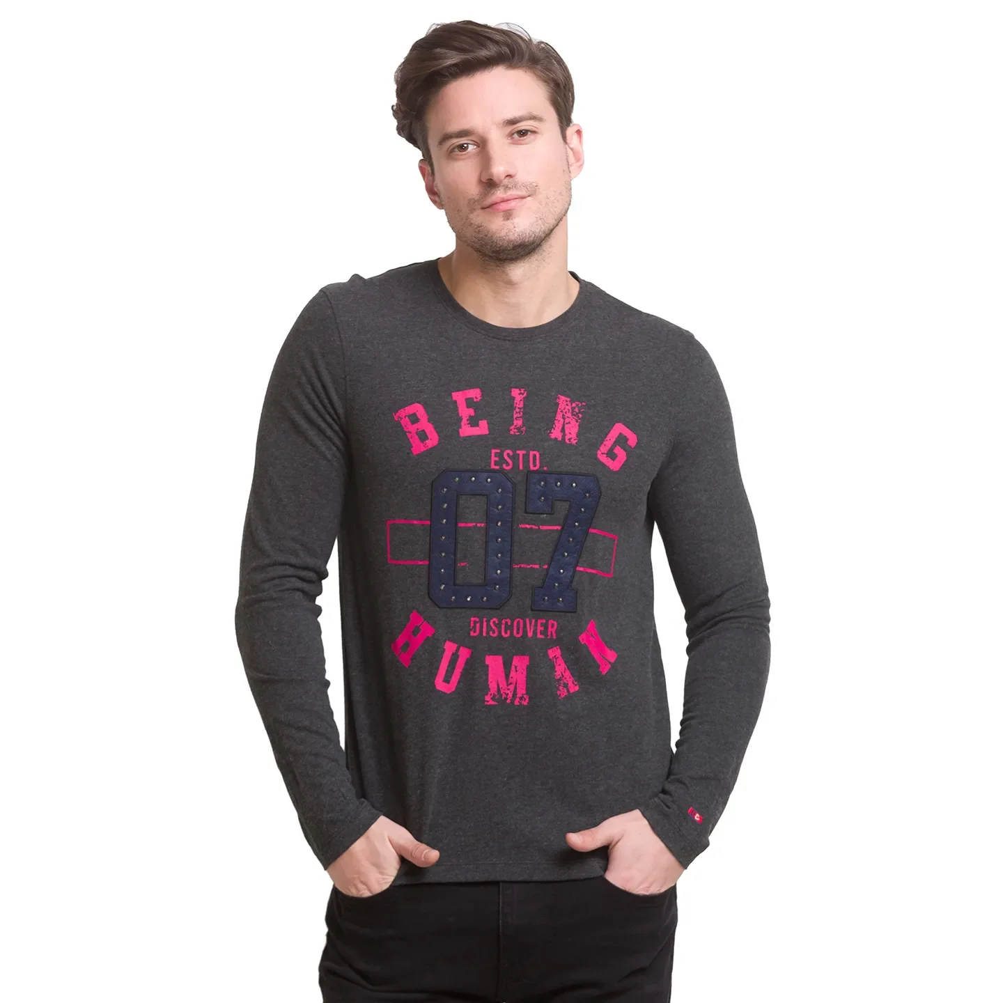 Grey Slim Straight Fit Men's Long Sleeves T-Shirt by Being Human Clothing - Image 2