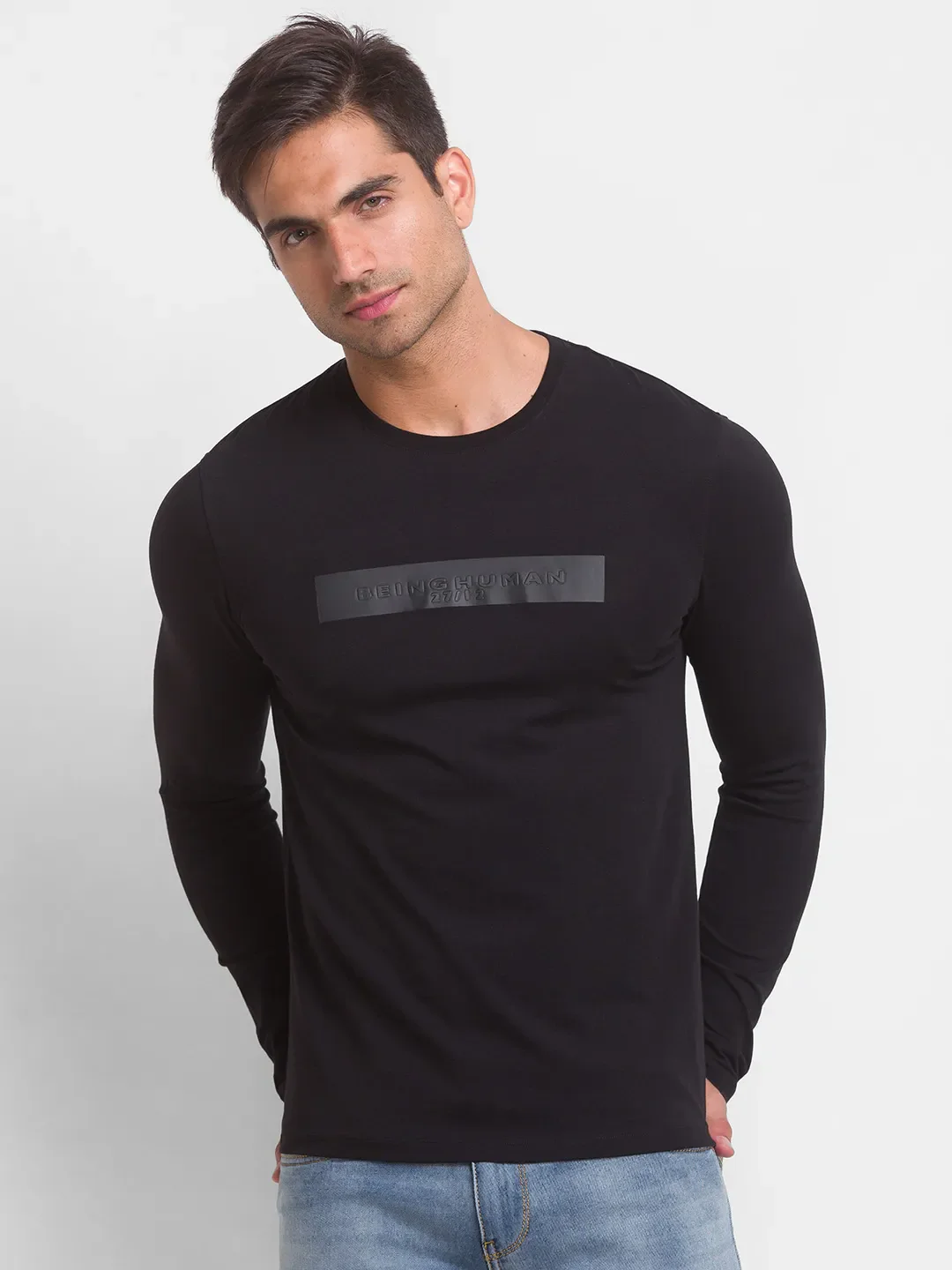Black Slim Straight Fit Men's Long Sleeves T-Shirt by Being Human Clothing