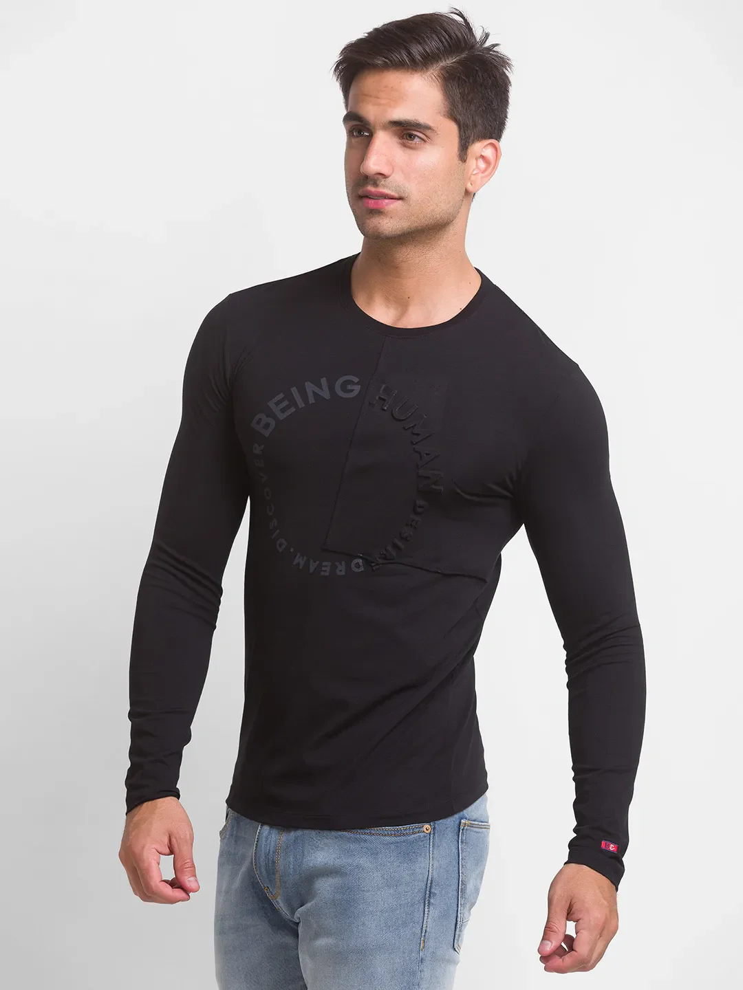 Black Slim Straight Fit Men's Long Sleeves T-Shirt by Being Human Clothing - Image 2