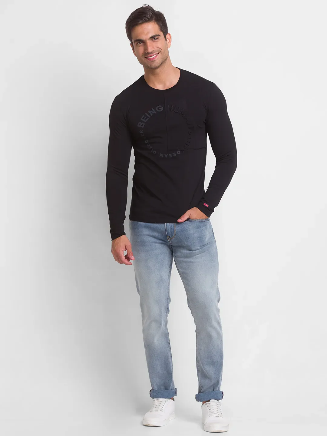 Black Slim Straight Fit Men's Long Sleeves T-Shirt by Being Human Clothing - Image 6