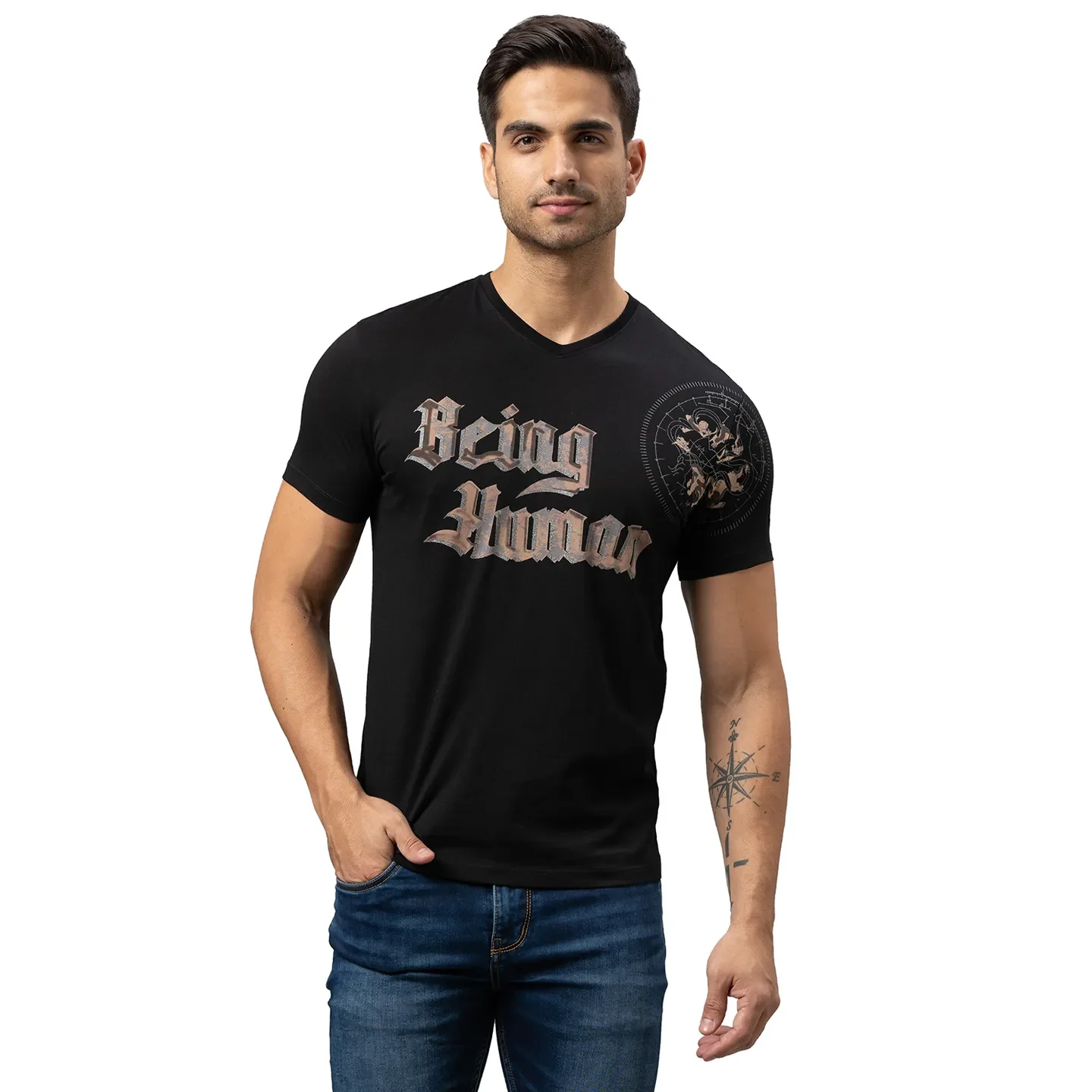 Black Slim Straight Fit Men's Short Sleeves T-Shirt by Being Human Clothing