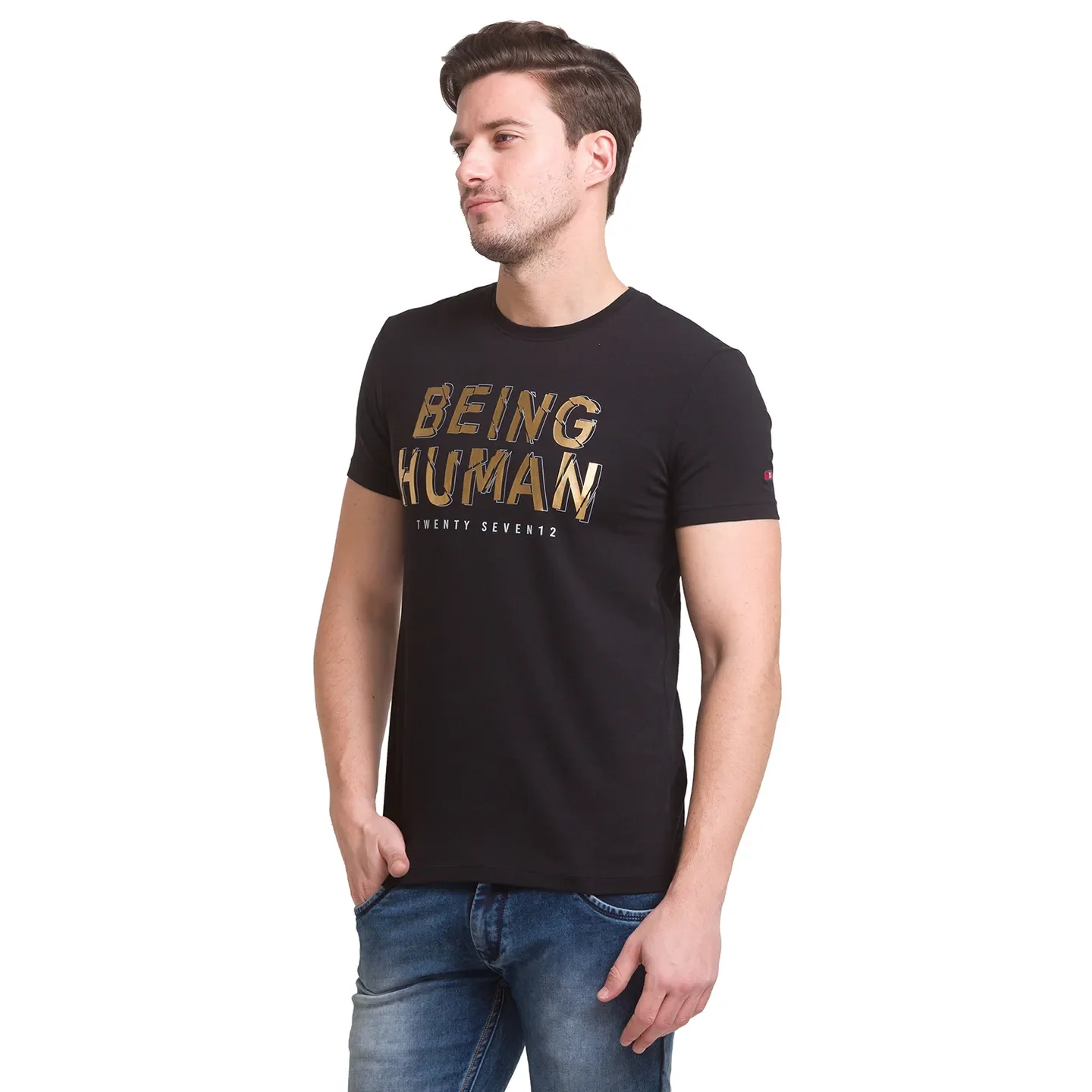 Black Slim Straight Fit Men's Short Sleeves T-Shirt by Being Human Clothing