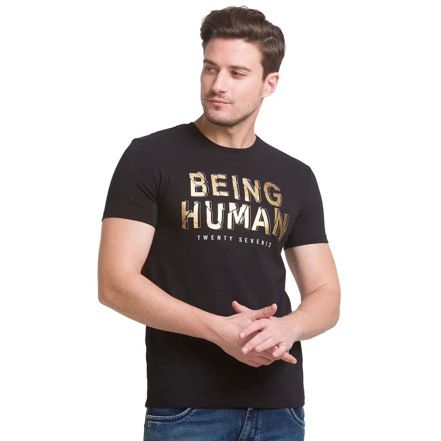 Black Slim Straight Fit Men's Short Sleeves T-Shirt by Being Human Clothing - Image 2