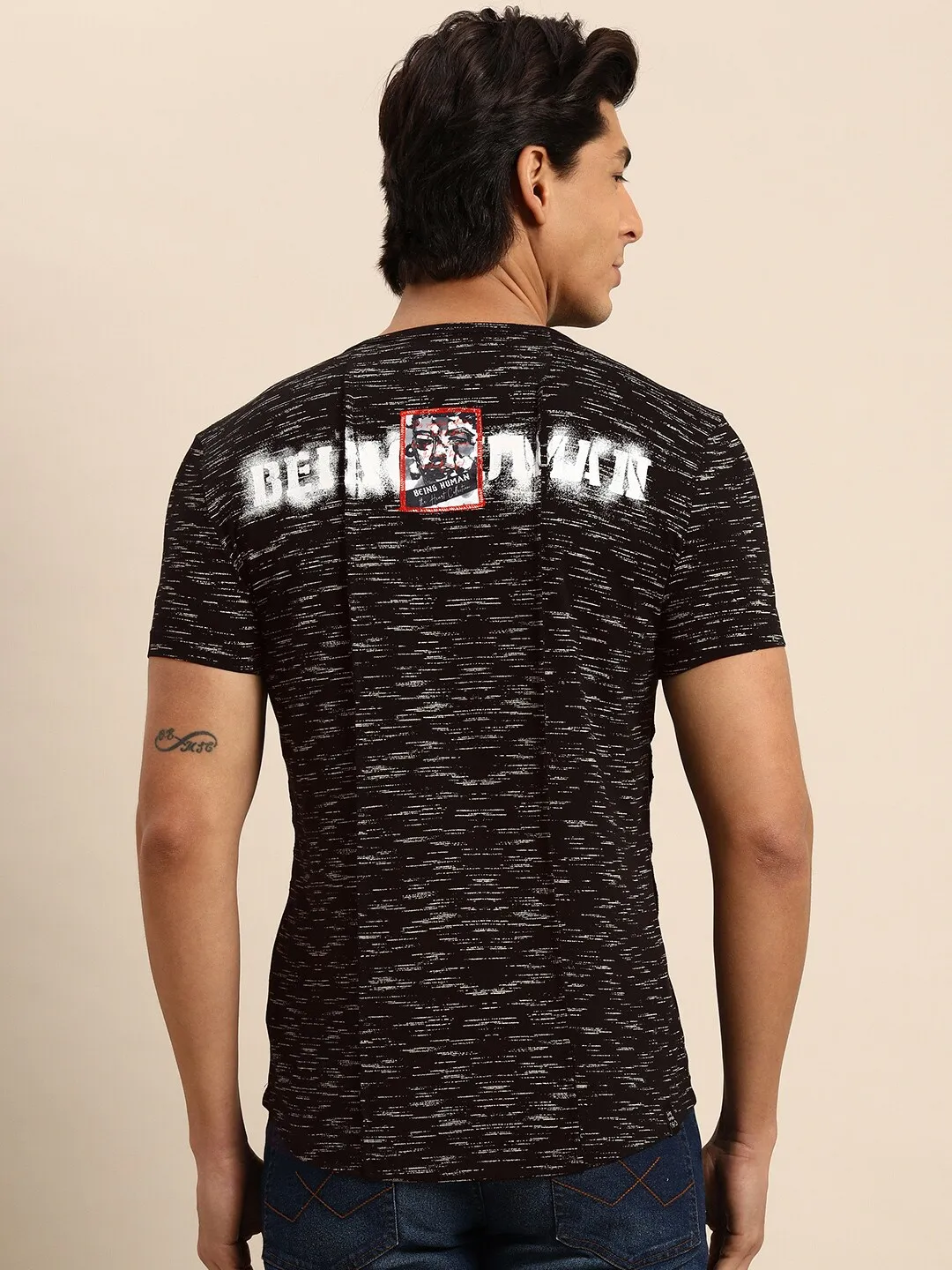 Black Slim Fit Round Neck Men's T-Shirt by Being Human Clothing - Image 3
