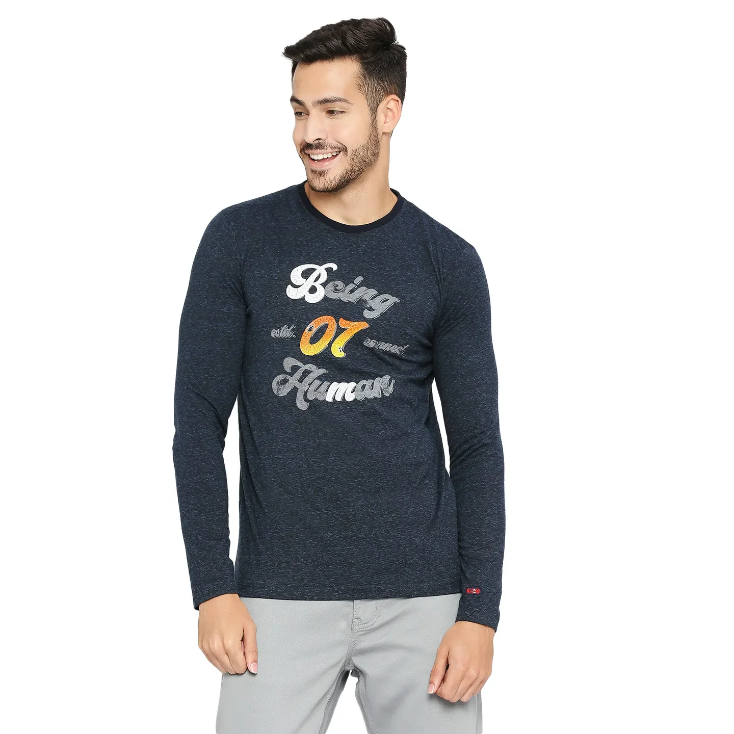 Blue Slim Straight Fit Men's Long Sleeves T-Shirt by Being Human Clothing