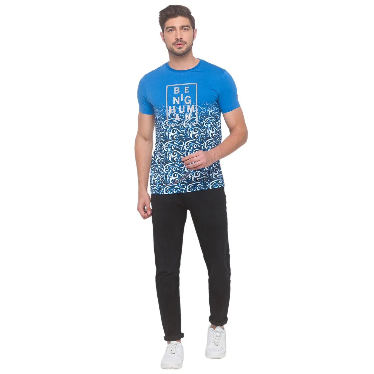 Blue Slim Fit Round Neck Men's T-Shirt by Being Human Clothing - Image 2