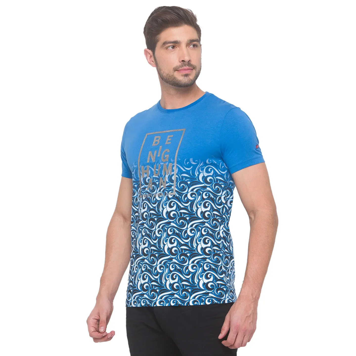 Blue Slim Fit Round Neck Men's T-Shirt by Being Human Clothing - Image 4