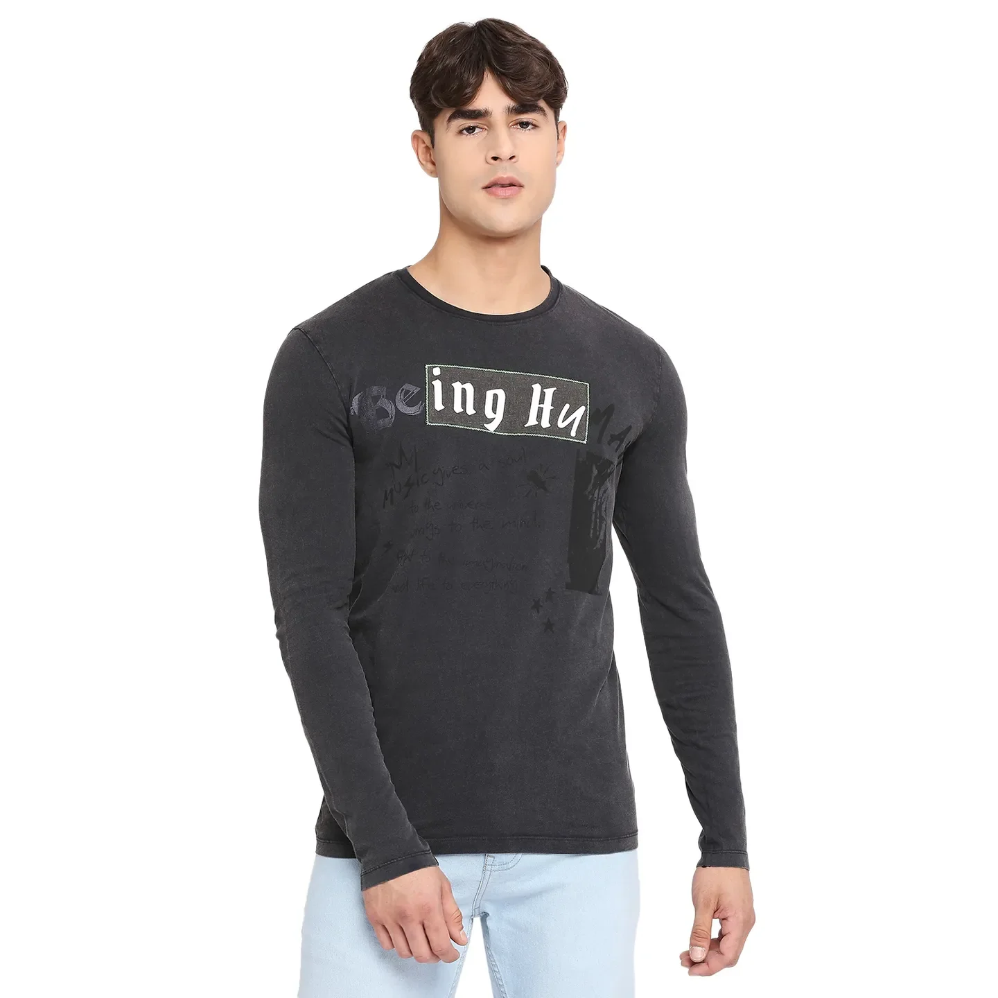 Grey Slim Straight Fit Men's Long Sleeves T-Shirt by Being Human Clothing