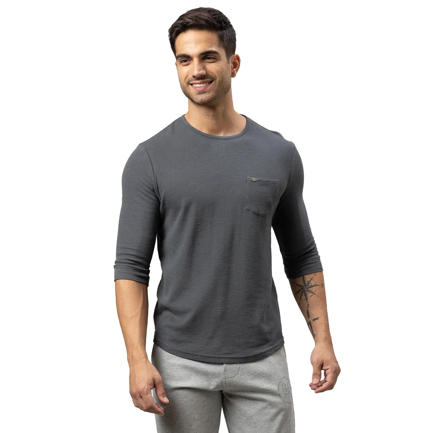 Grey Slim Straight Fit Men's Long Sleeves T-Shirt by Being Human Clothing