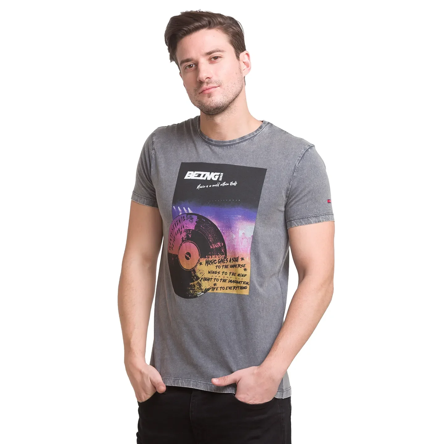 Charcoal Slim Fit Round Neck Men's T-Shirt by Being Human Clothing