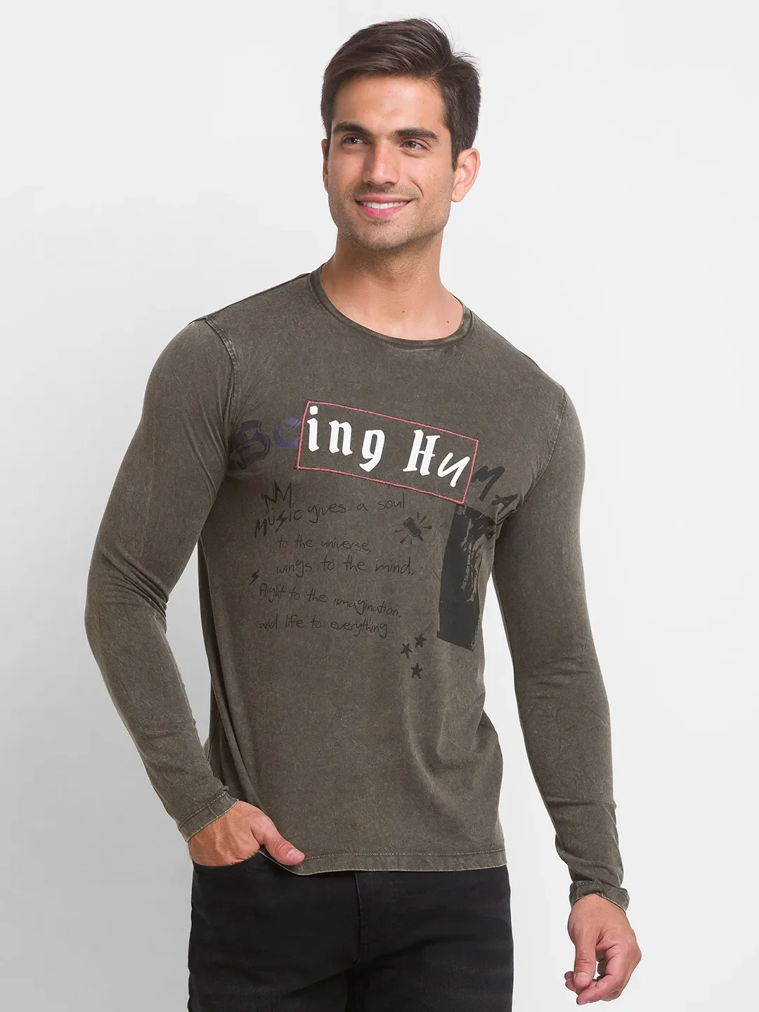 Green Slim Straight Fit Men's Long Sleeves T-Shirt by Being Human Clothing