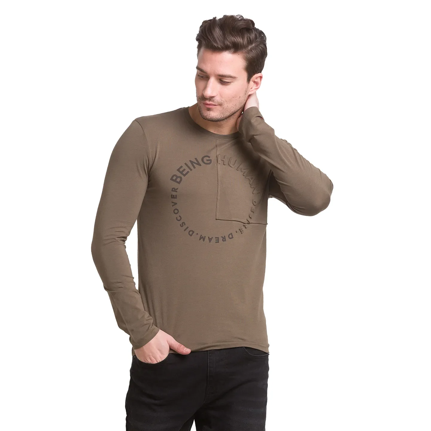 Green Slim Straight Fit Men's Long Sleeves T-Shirt by Being Human Clothing - Image 2