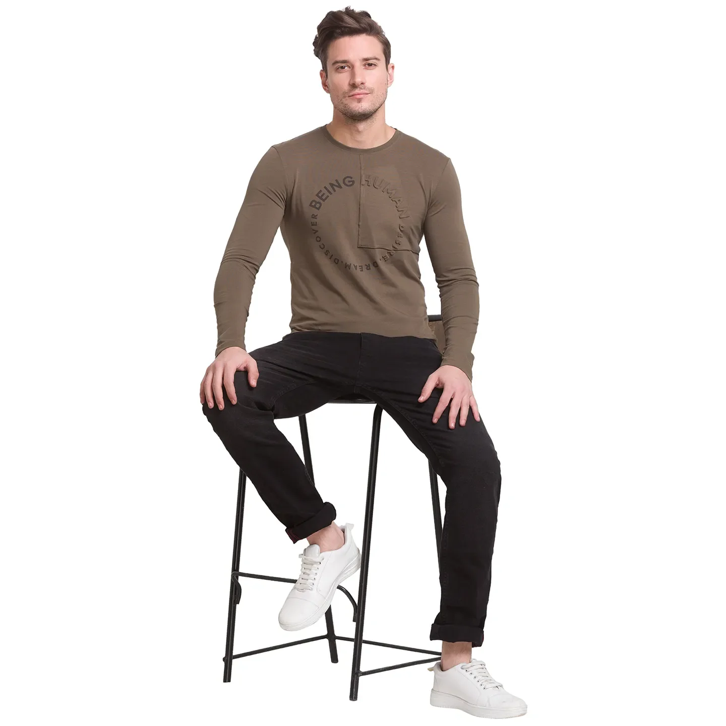 Green Slim Straight Fit Men's Long Sleeves T-Shirt by Being Human Clothing - Image 3