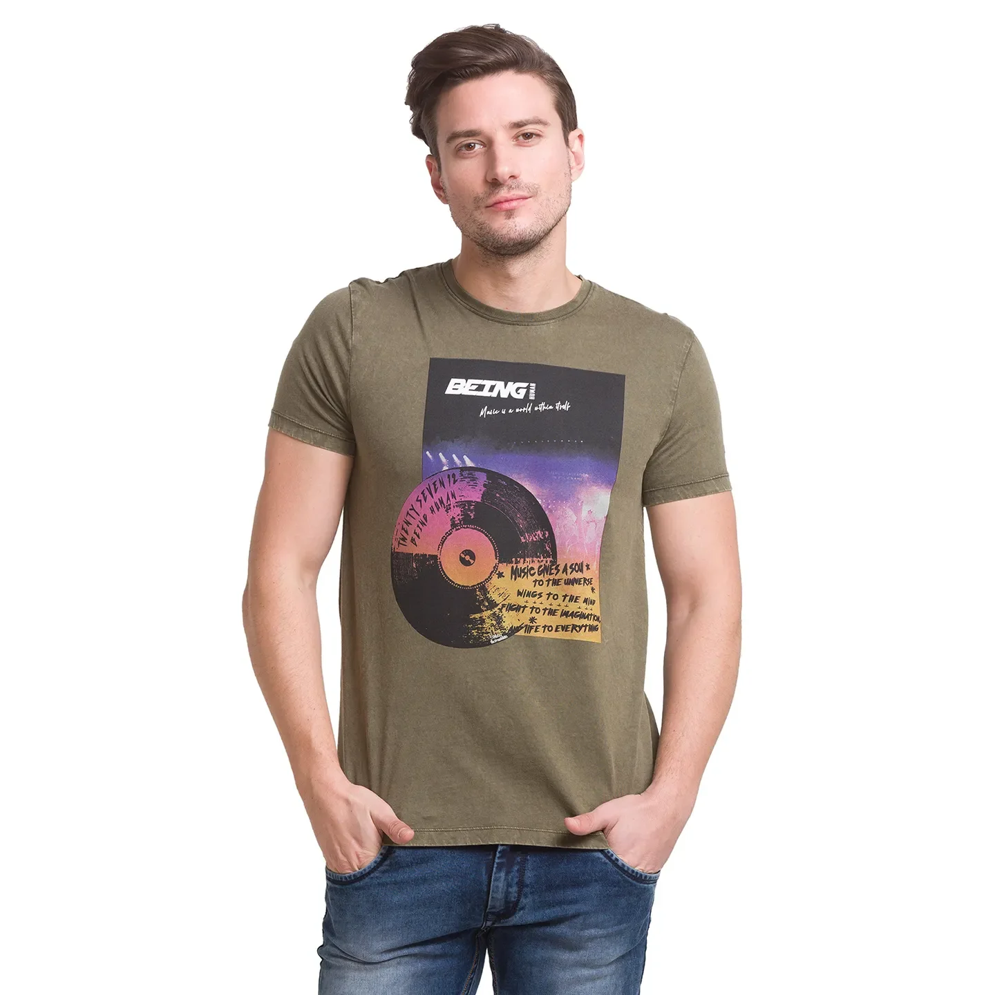 Dark Olive Slim Fit Round Neck Men's T-Shirt by Being Human Clothing