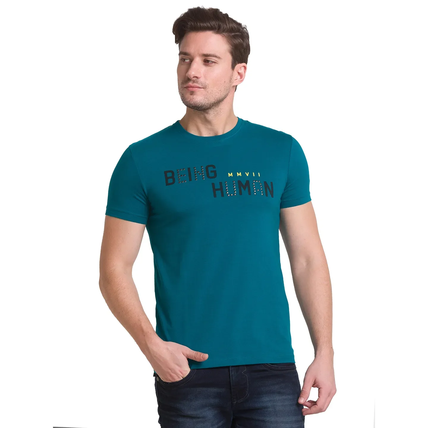 Green Slim Straight Fit Men's Short Sleeves T-Shirt by Being Human Clothing