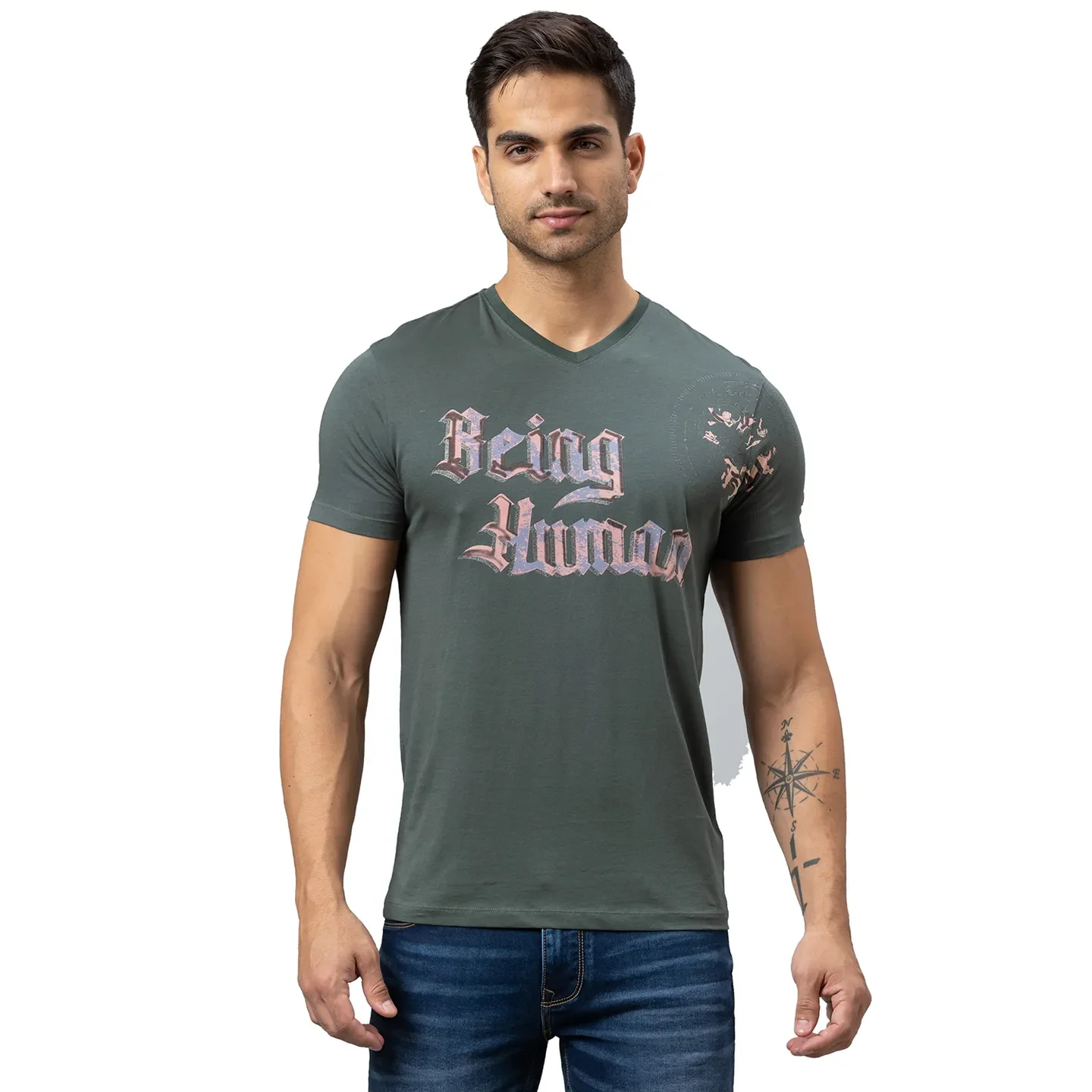 Forest Green Slim Fit Round Neck Men's T-Shirt by Being Human Clothing