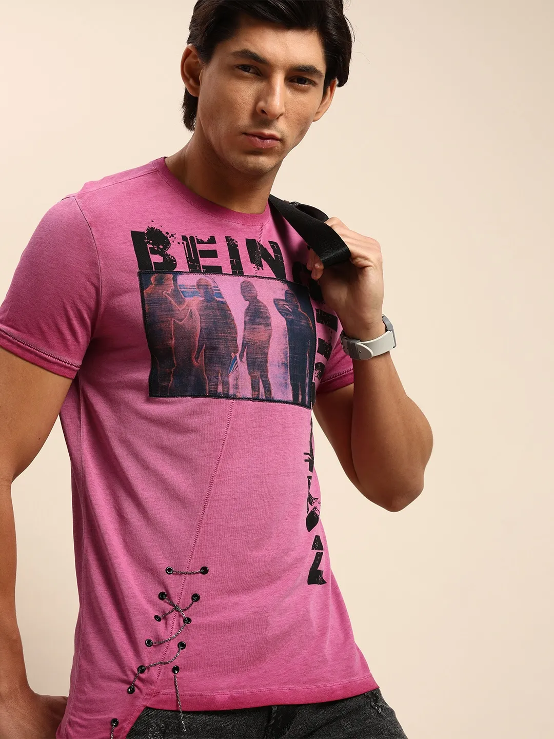 Fuchsia Slim Fit Round Neck Men's T-Shirt by Being Human Clothing - Image 2