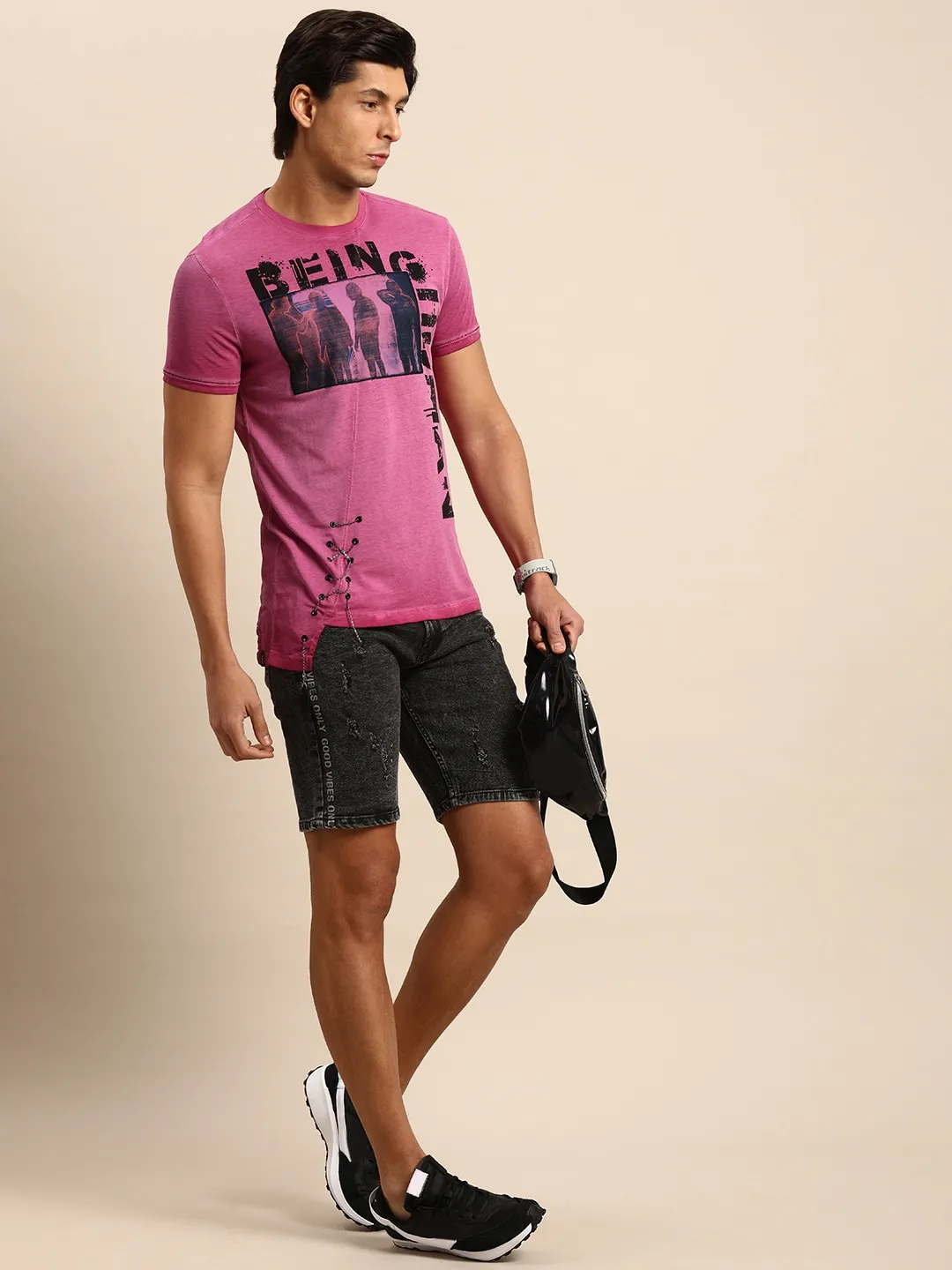 Fuchsia Slim Fit Round Neck Men's T-Shirt by Being Human Clothing - Image 5