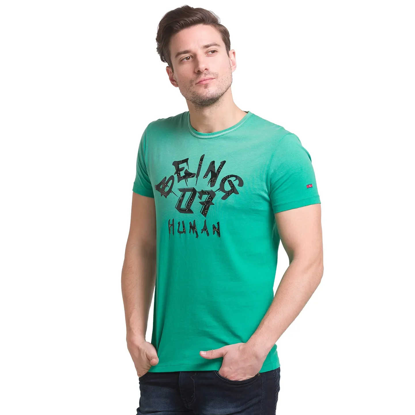 Green Slim Fit Round Neck Men's T-Shirt by Being Human Clothing - Image 5
