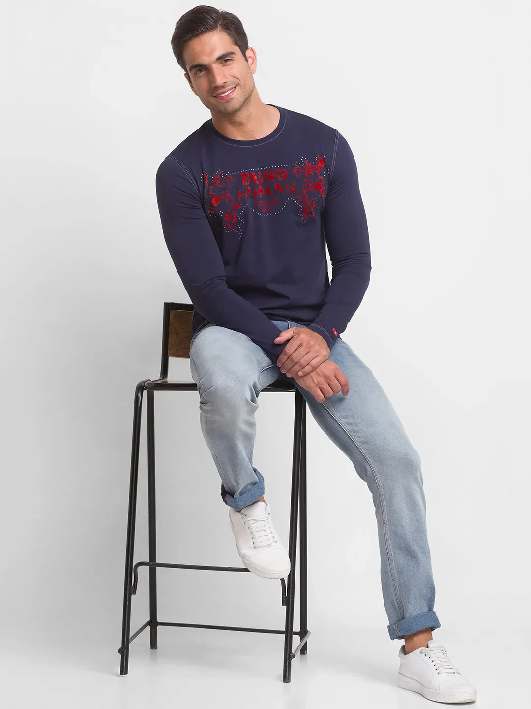 Blue Slim Straight Fit Men's Long Sleeves T-Shirt by Being Human Clothing - Image 5