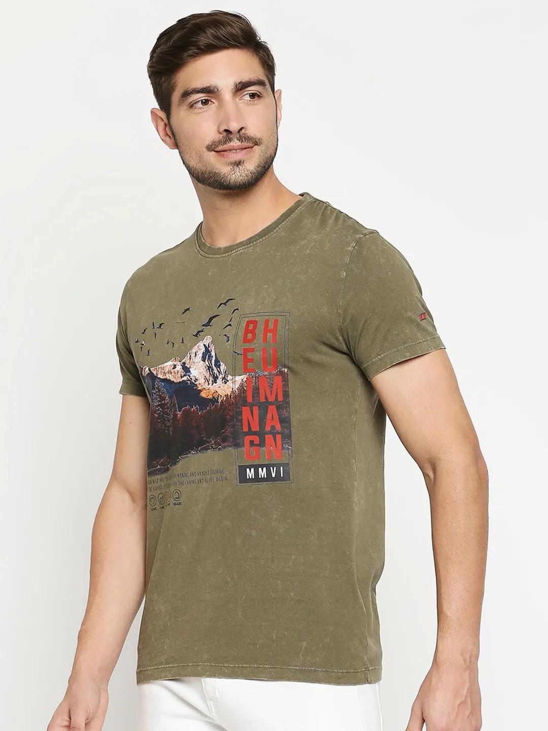 Olive Slim Fit Round Neck Men's T-Shirt by Being Human Clothing - Image 2