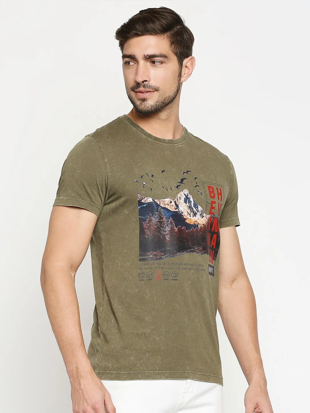 Olive Slim Fit Round Neck Men's T-Shirt by Being Human Clothing - Image 3