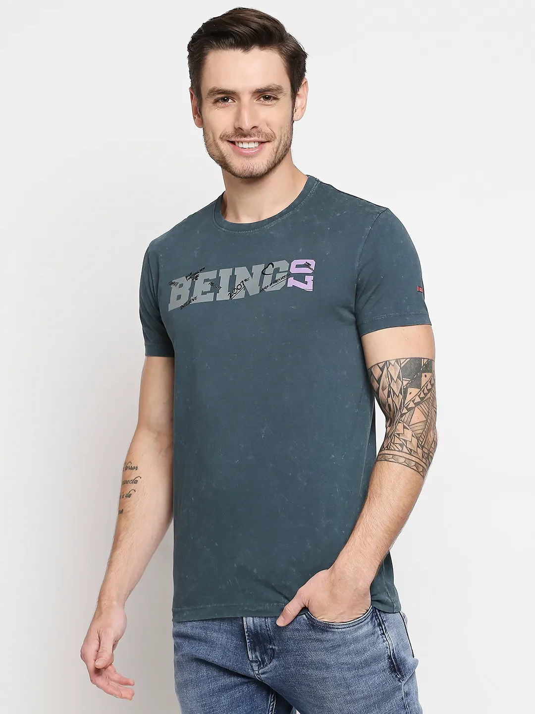 Teal Slim Fit Round Neck Men's T-Shirt by Being Human Clothing - Image 2