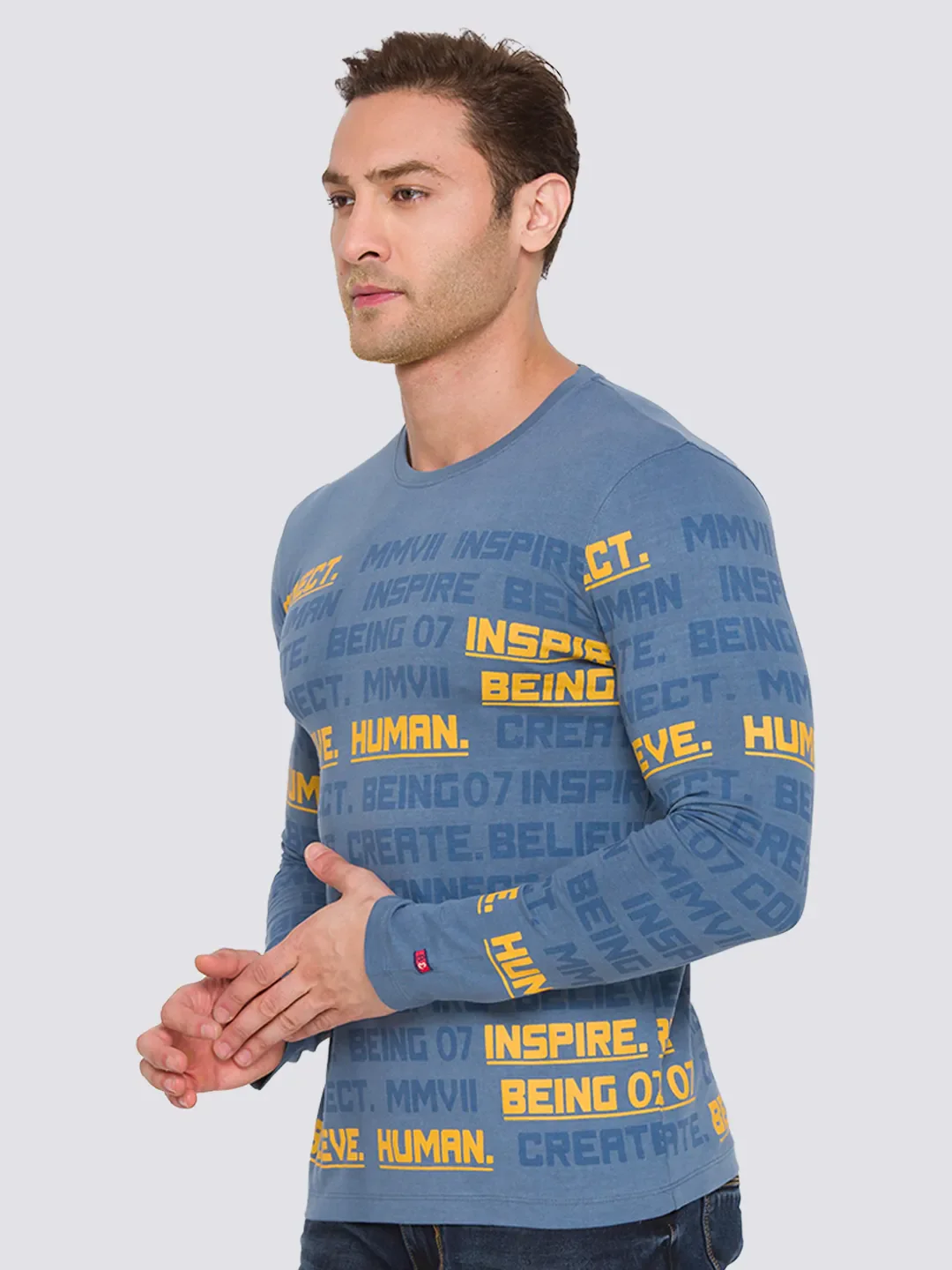 Blue Slim Straight Fit Men's Long Sleeves T-Shirt by Being Human Clothing - Image 2