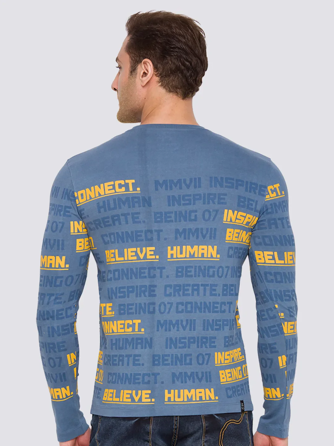 Blue Slim Straight Fit Men's Long Sleeves T-Shirt by Being Human Clothing - Image 4