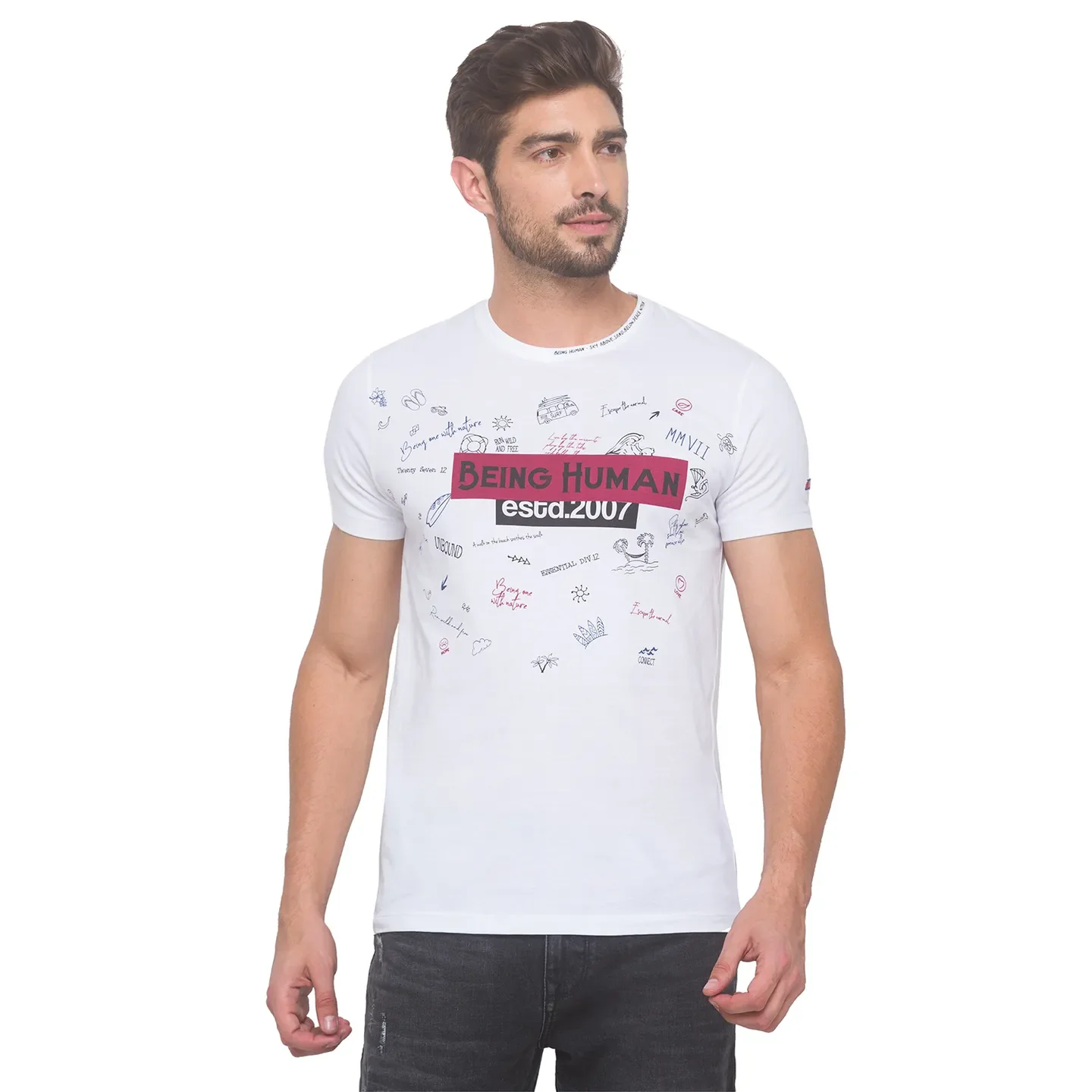 White Slim Fit Round Neck Men's T-Shirt by Being Human Clothing