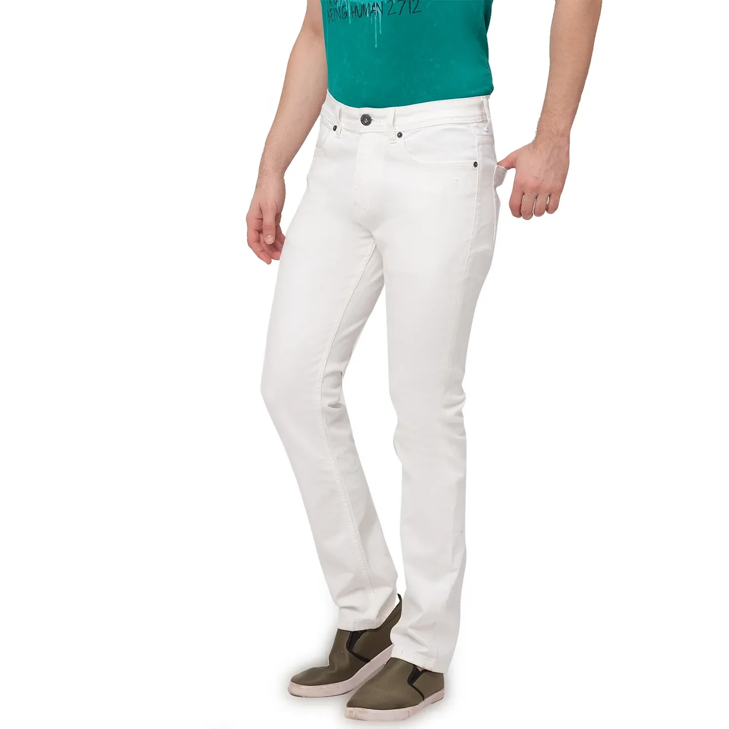 White Slim Straight Fit Men's Denims by Being Human Clothing - Image 5