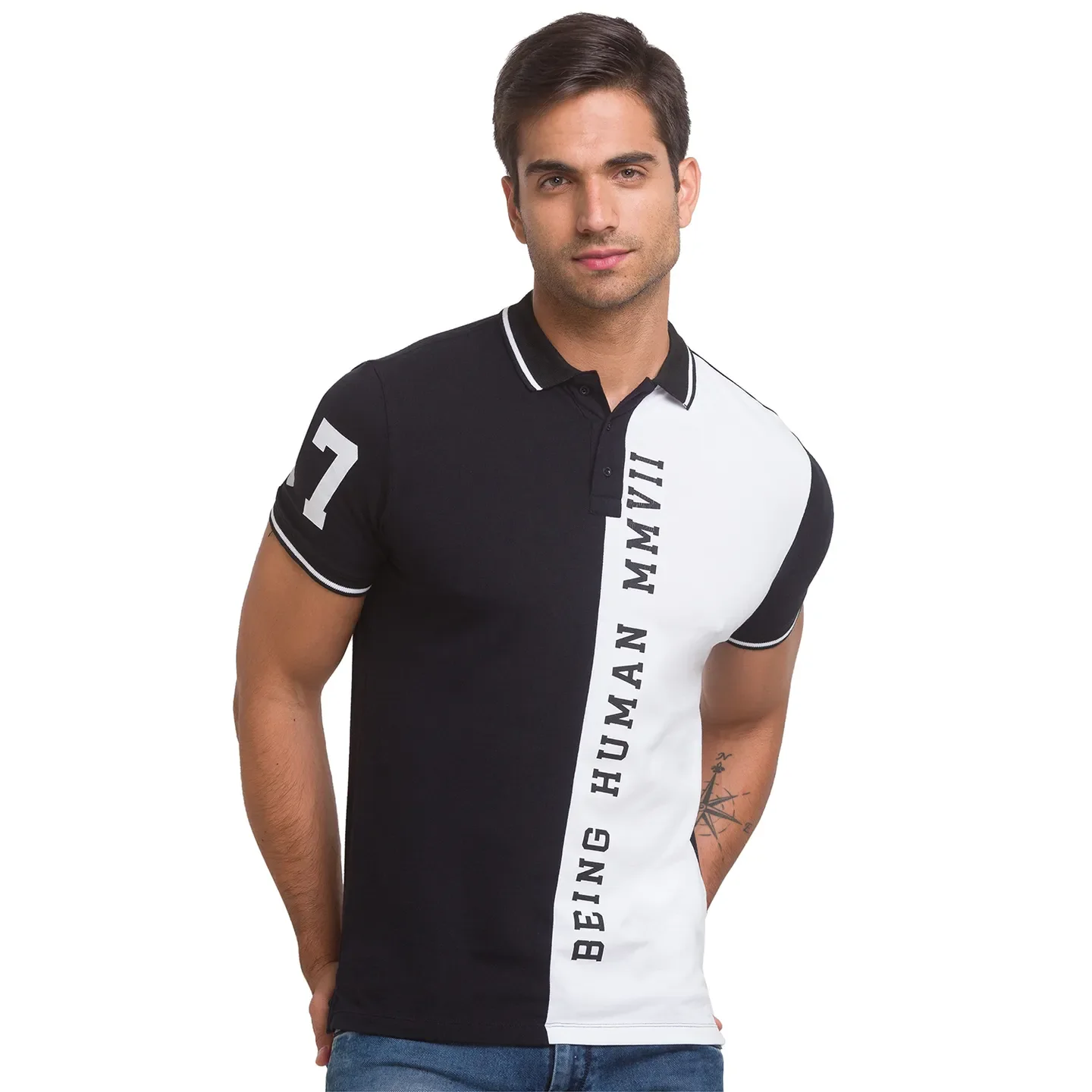 Black Slim Straight Fit Men's Polo T-Shirt by Being Human Clothing