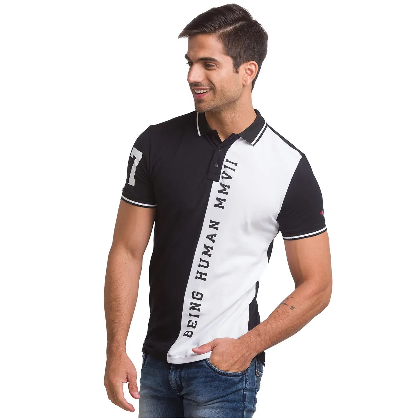 Black Slim Straight Fit Men's Polo T-Shirt by Being Human Clothing - Image 4