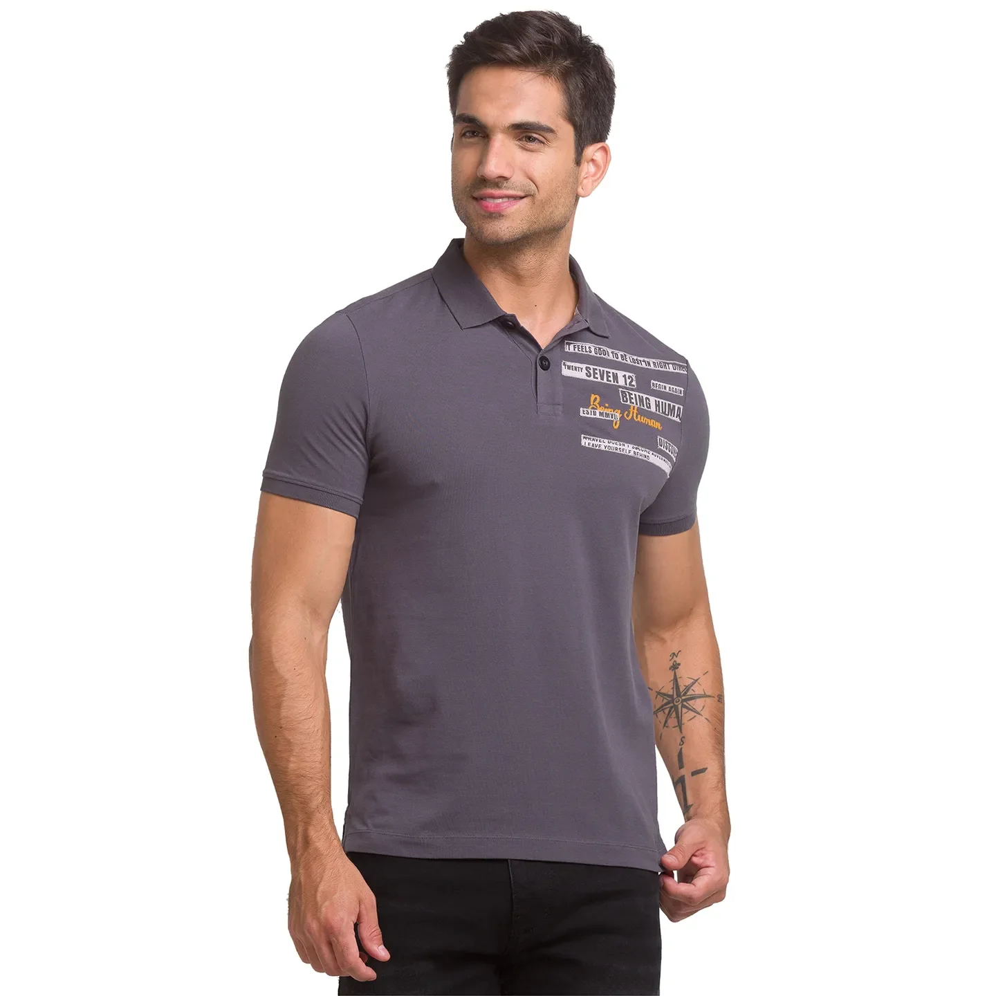Grey Slim Straight Fit Men's Polo T-Shirt by Being Human Clothing