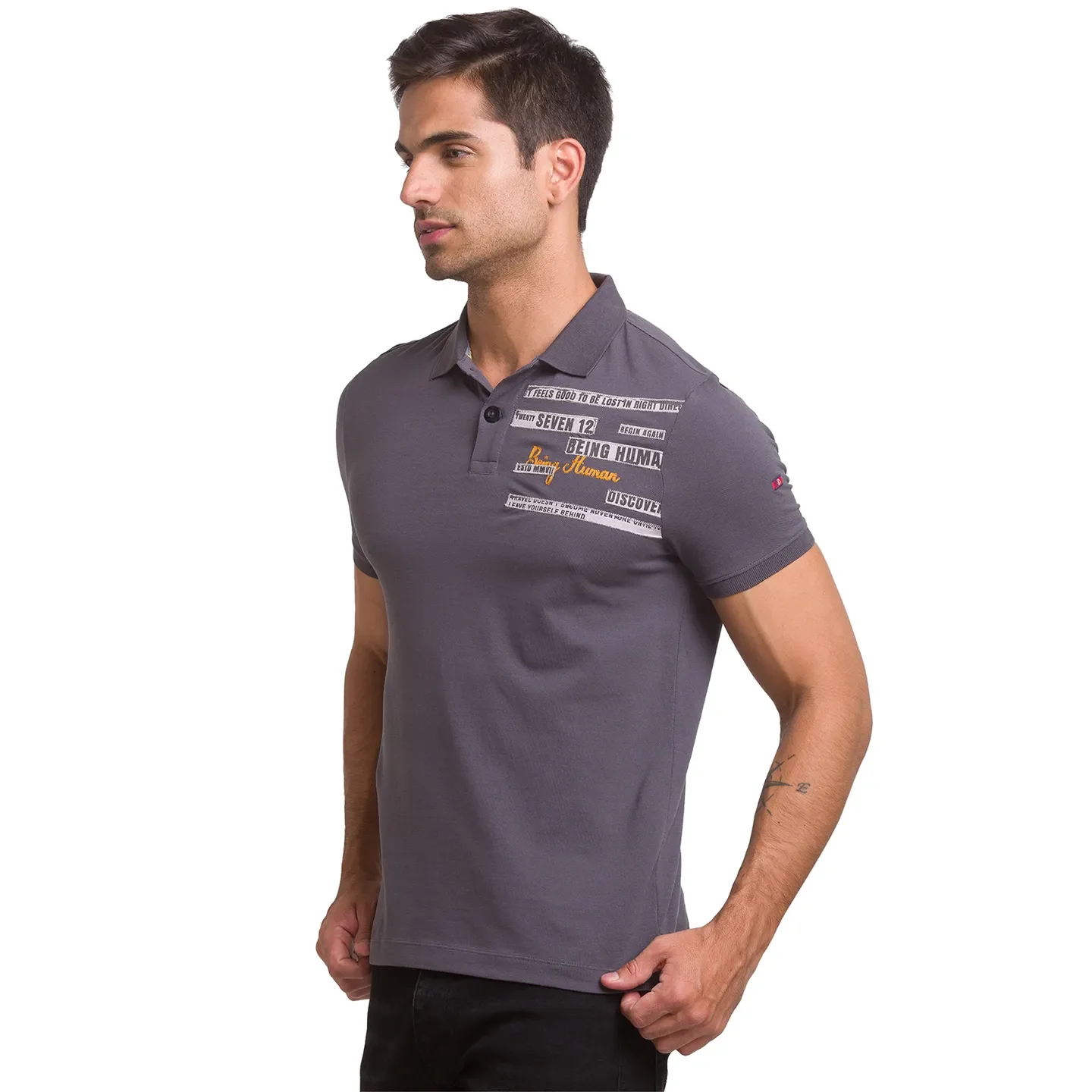 Grey Slim Straight Fit Men's Polo T-Shirt by Being Human Clothing - Image 4