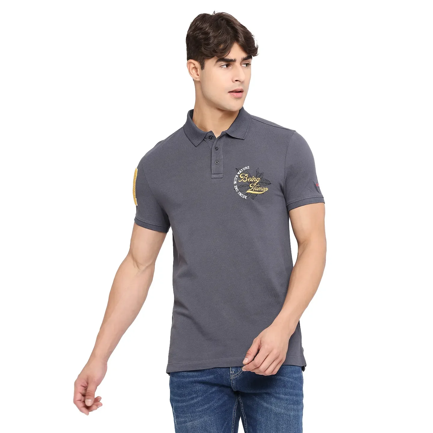 Grey Slim Straight Fit Men's Polo T-Shirt by Being Human Clothing