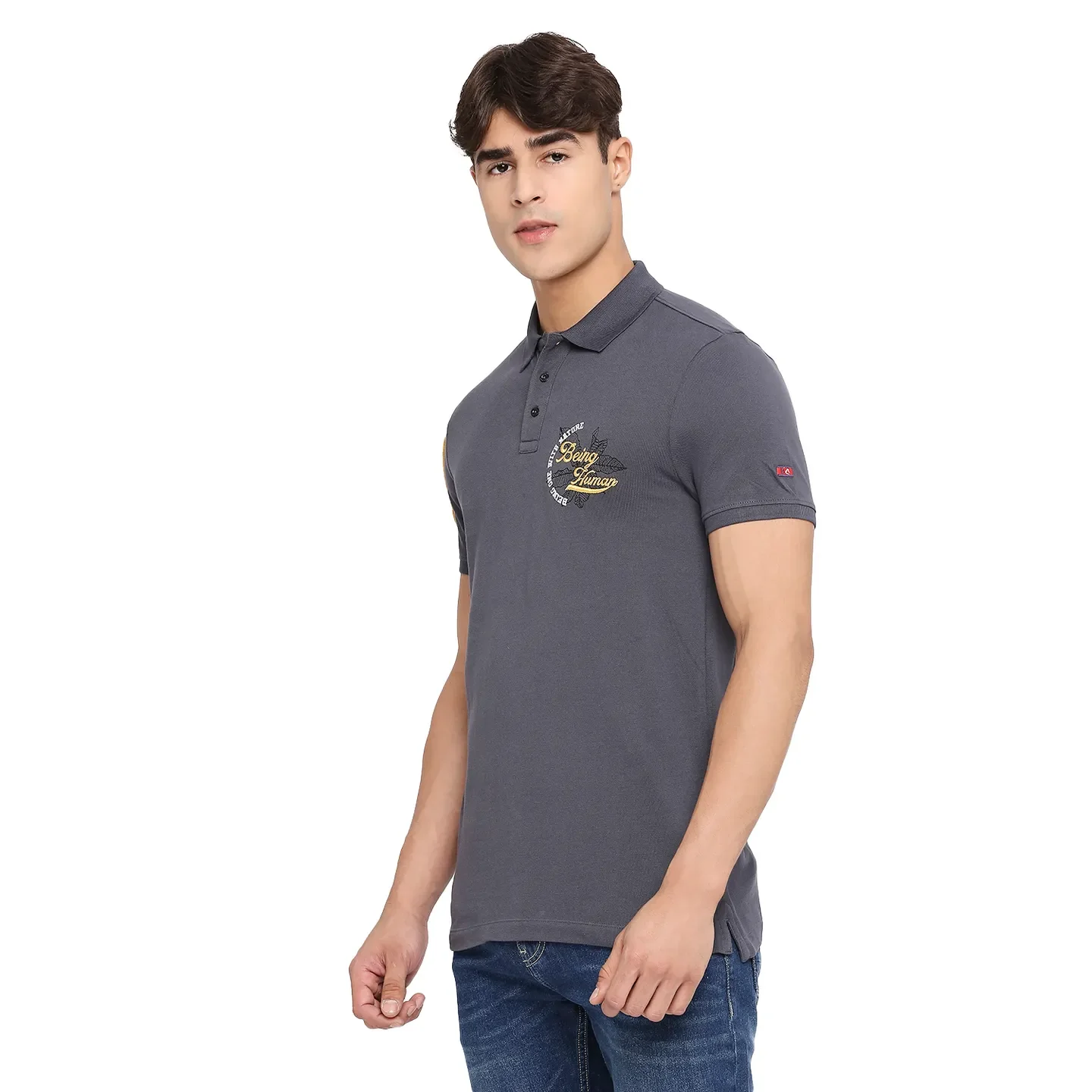 Grey Slim Straight Fit Men's Polo T-Shirt by Being Human Clothing - Image 2