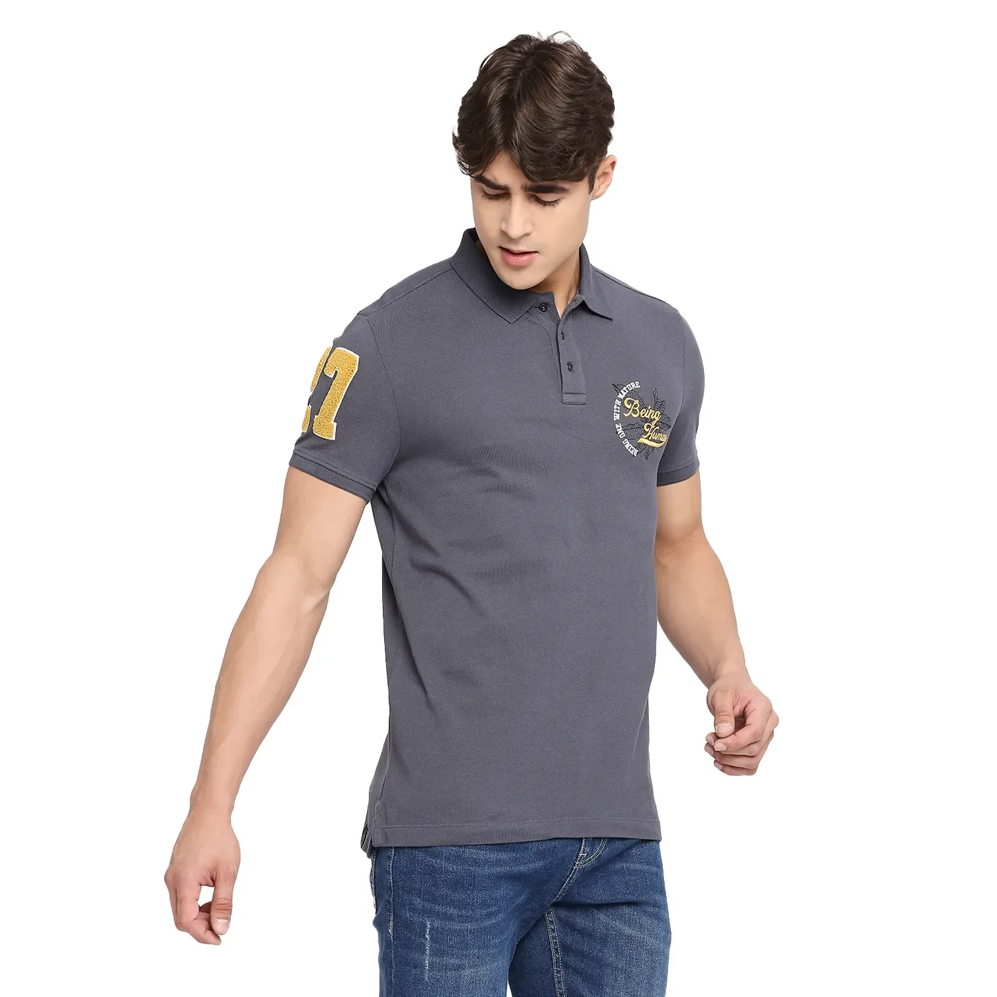 Grey Slim Straight Fit Men's Polo T-Shirt by Being Human Clothing - Image 3
