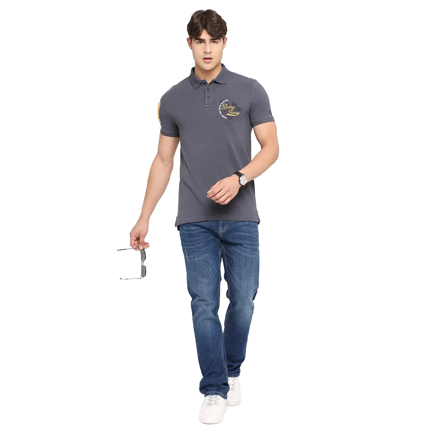 Grey Slim Straight Fit Men's Polo T-Shirt by Being Human Clothing - Image 6