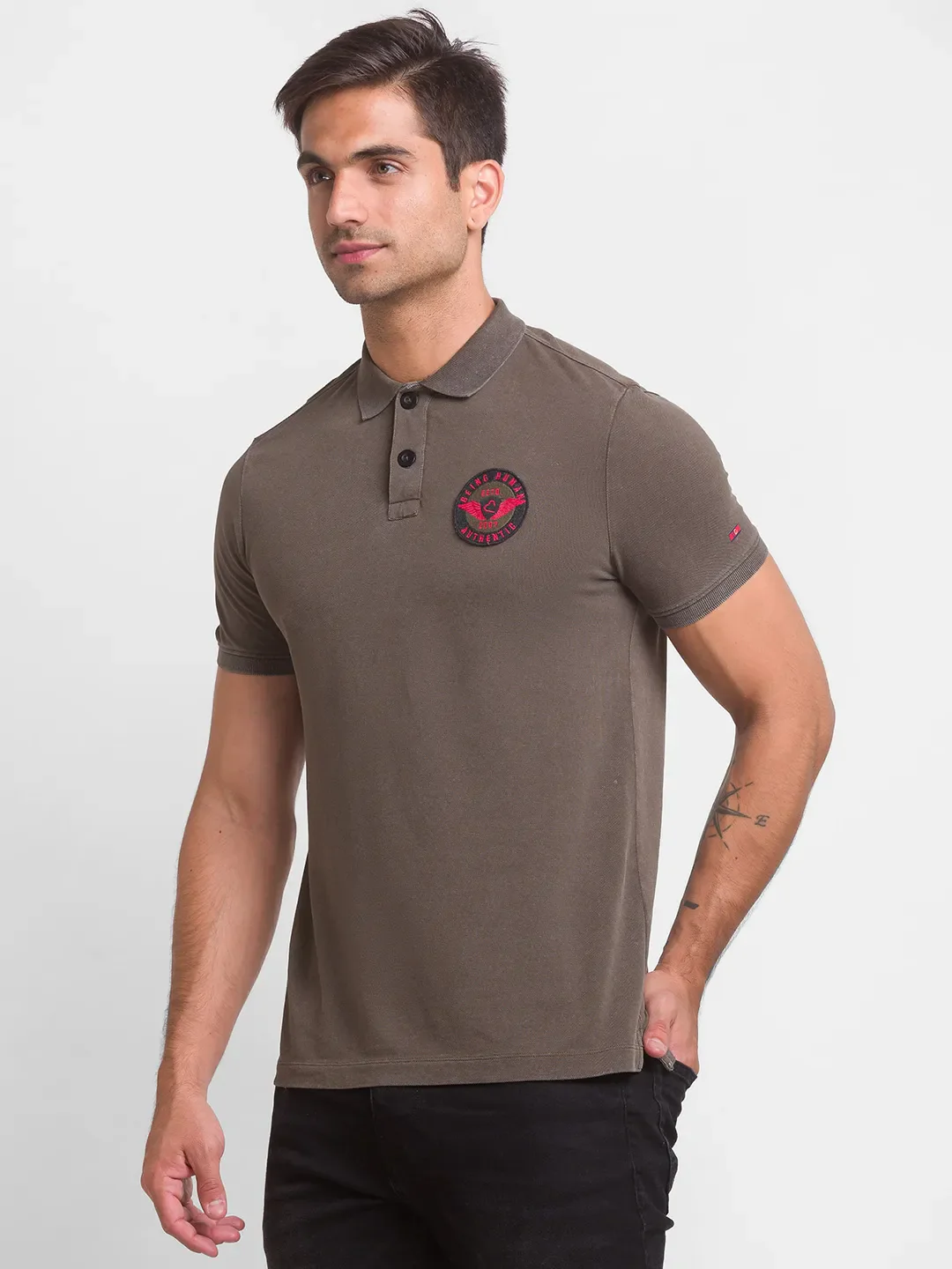Olive Slim Fit Men's Polo T-shirt by Being Human Clothing - Image 2