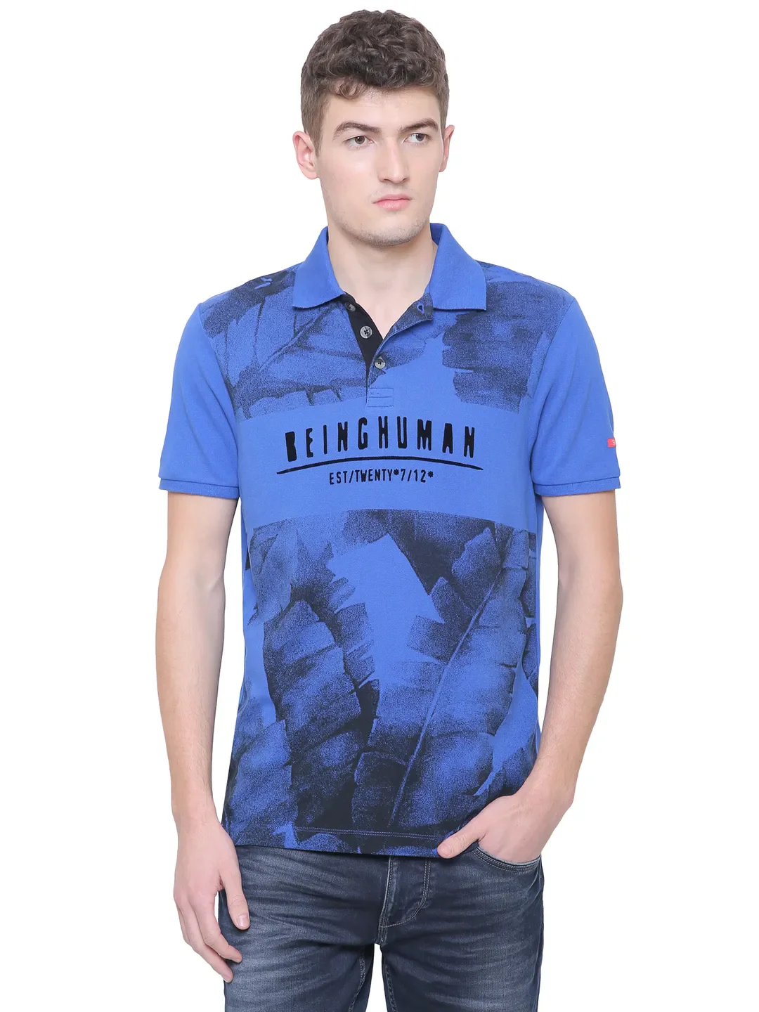 Blue Slim Straight Fit Men's Polo T-Shirt by Being Human Clothing - Image 2