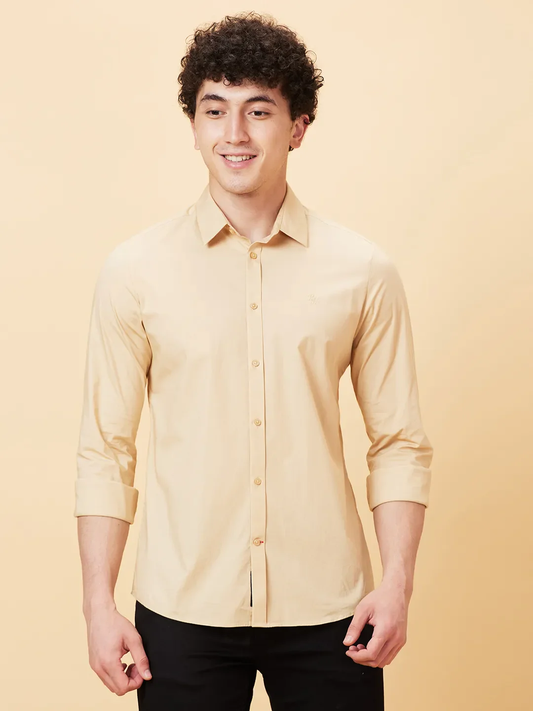 Beige Slim Fit Regular Collar Men's Shirt by Being Human Clothing