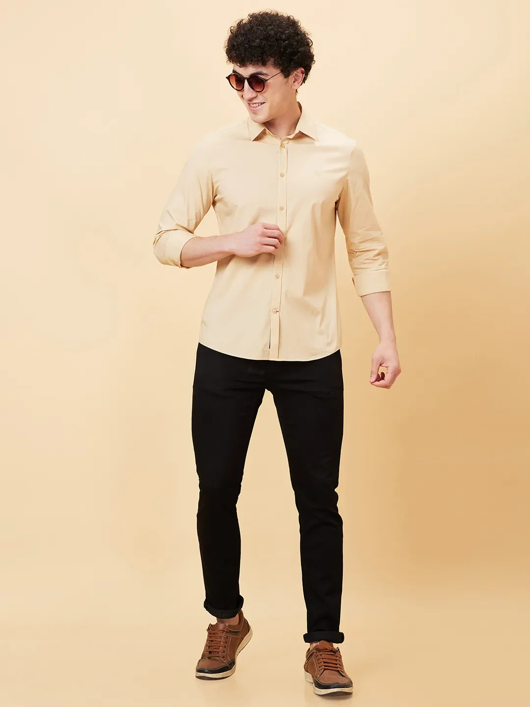 Beige Slim Fit Regular Collar Men's Shirt by Being Human Clothing - Image 2