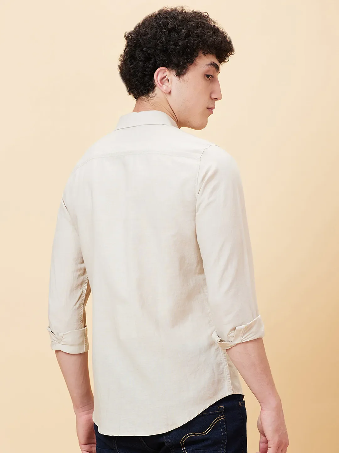 Beige Slim Straight Fit Regular Collar Long Sleeves Men's Shirt by Being Human Clothing - Image 2