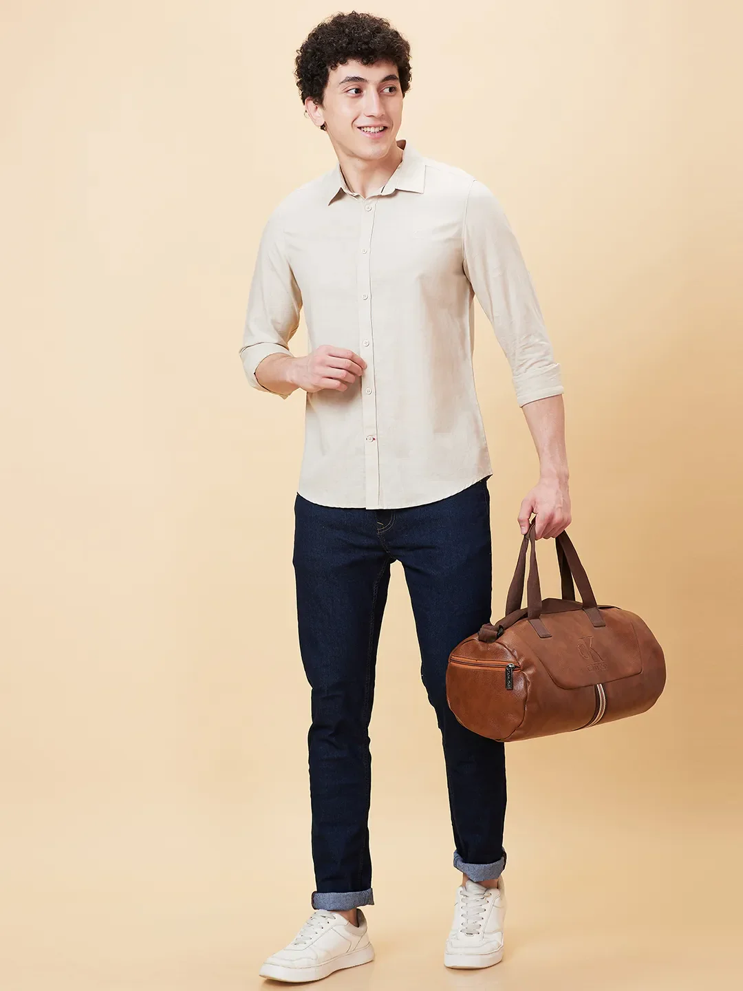 Beige Slim Straight Fit Regular Collar Long Sleeves Men's Shirt by Being Human Clothing - Image 5